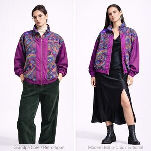 VTG 90s Lavon 100% Silk Paisley Windbreaker Purple Boho  Jacket M‎ Grandpa Core